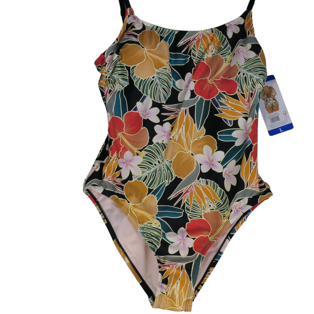 NEW Hurley 1 One Piece Swimsuit Womens L Black Floral UPF 50 Strappy Tropical